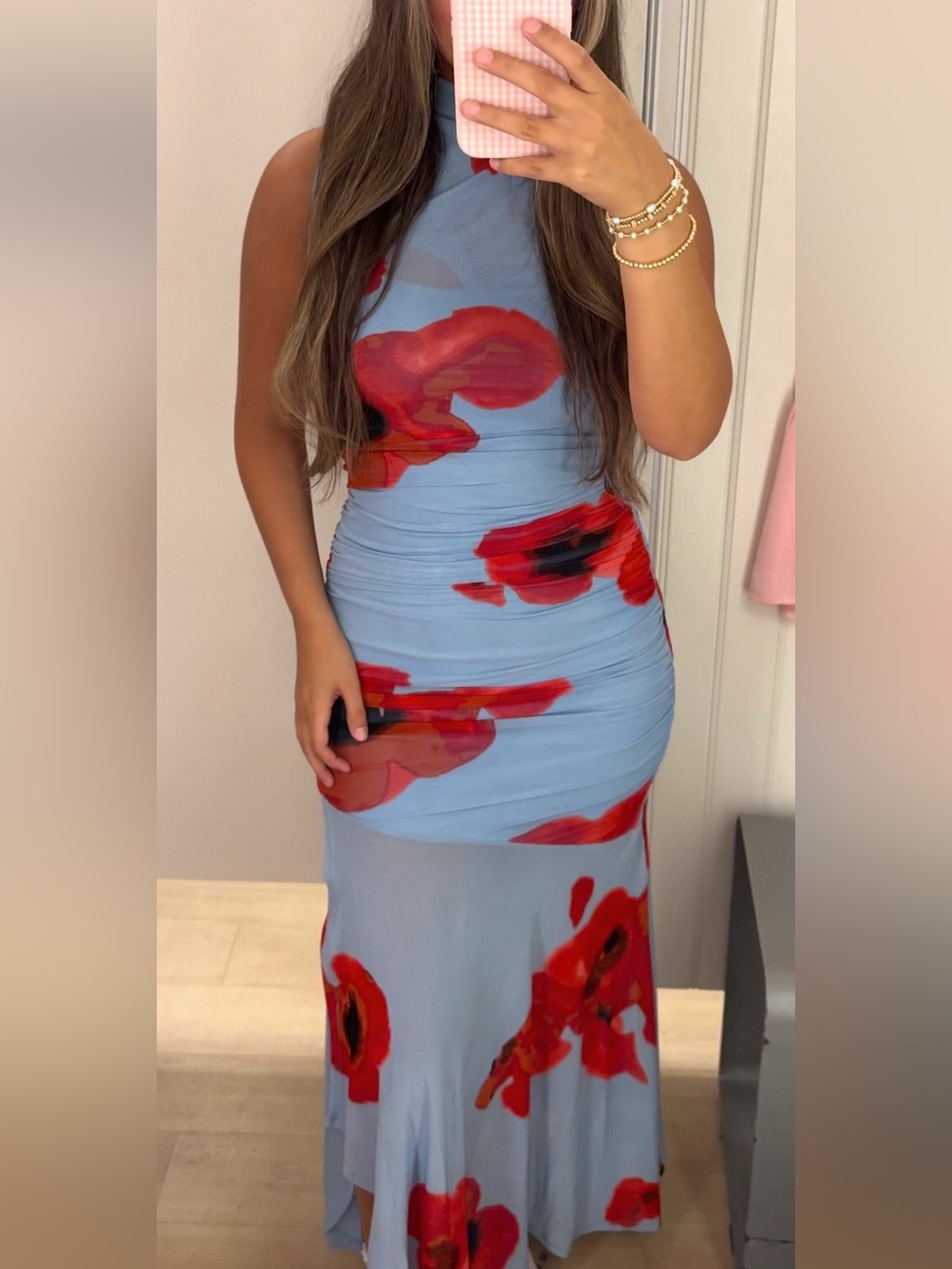 Sincerely Jules Blue Mesh Dress with Red Poppy Print